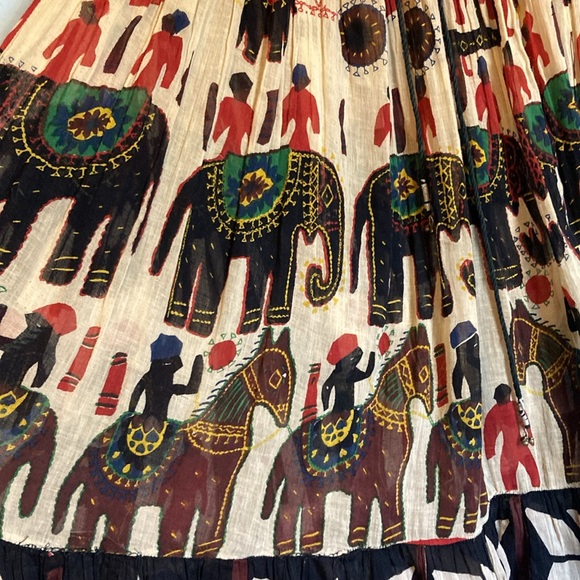 VTG Womens Tiered Maxi Skirt Tribal Elephant Print Tassels Bells Elastic Waist - Picture 4 of 14